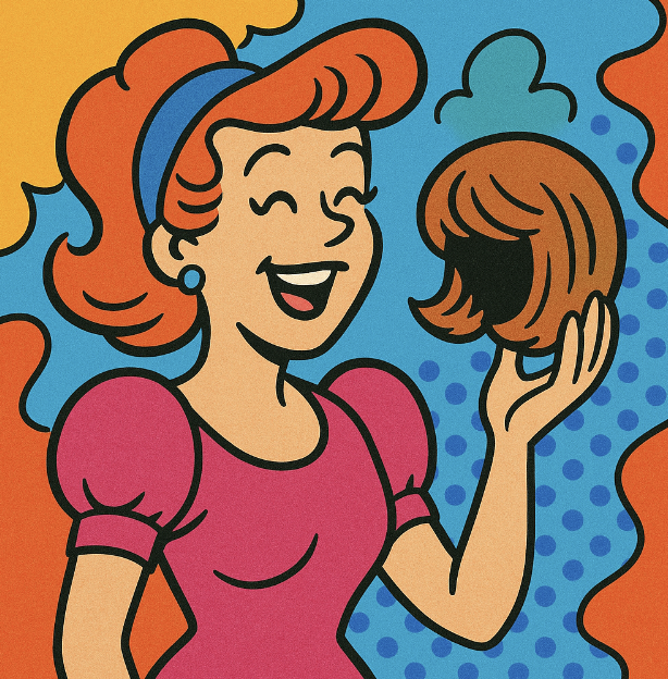 A stylized 1990s woman holding a small wig, in a colorful and exaggerated cartoon - Vibrant colors, cartoon style with exaggerated content. An art style mix of Family Circus and The Jetsons.