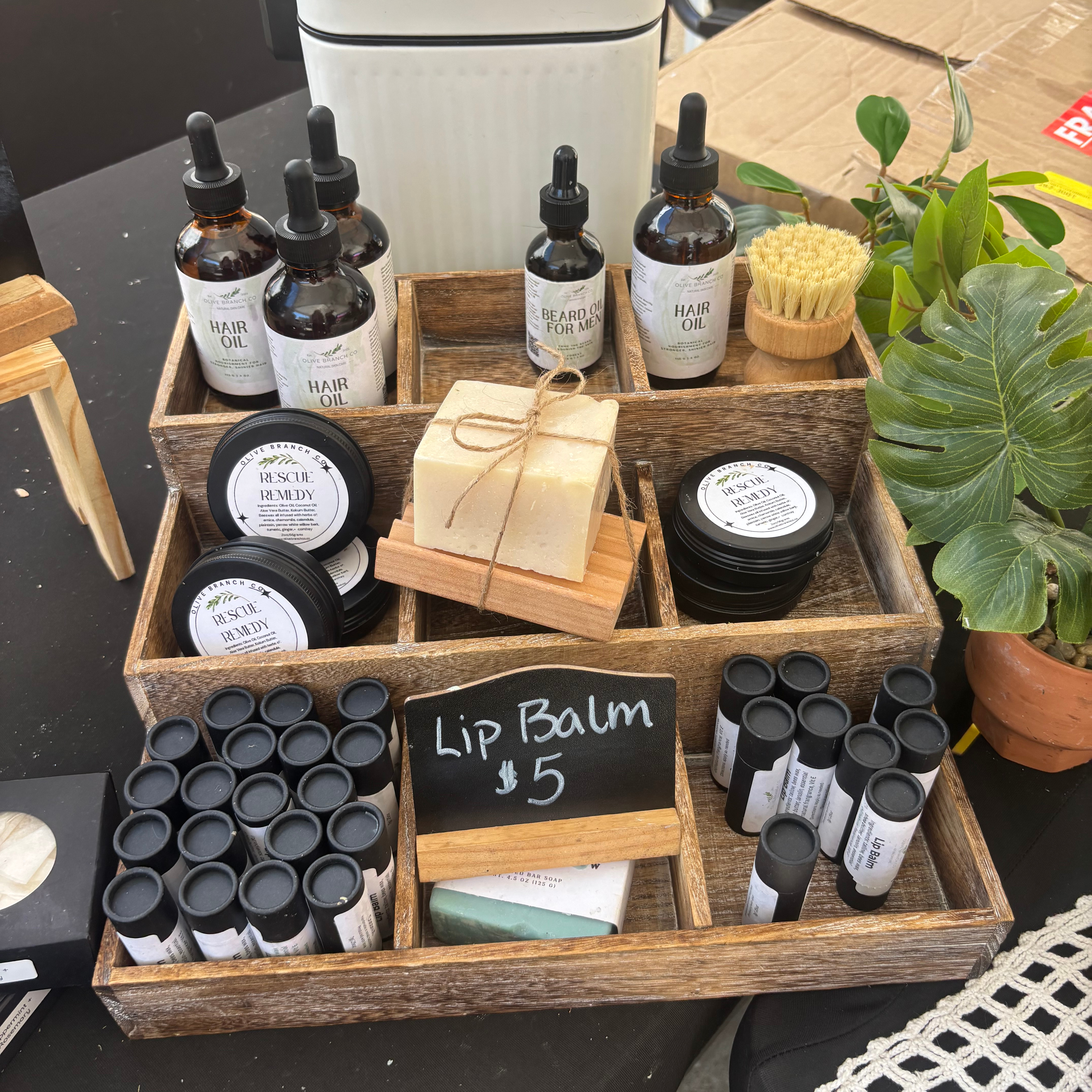 Olive Branch products arranged at the vendor booth