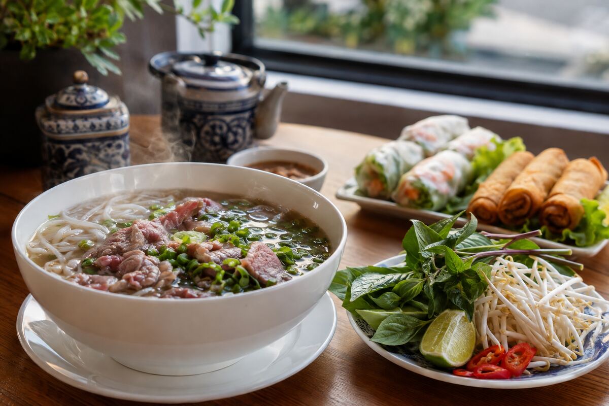 Steaming Vietnamese beef pho with fresh herbs, bean sprouts, lime, salad rolls and spring rolls