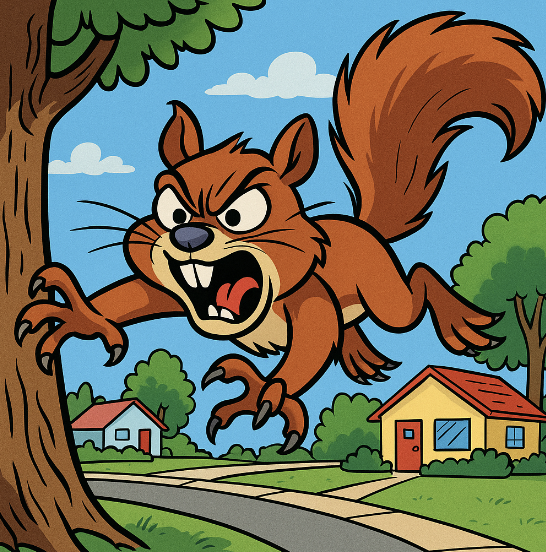 An exaggerated squirrel with a fierce expression, cartoon-style in a California backyard - Vibrant colors, cartoon style with exaggerated content. An art style mix of Family Circus and The Jetsons.