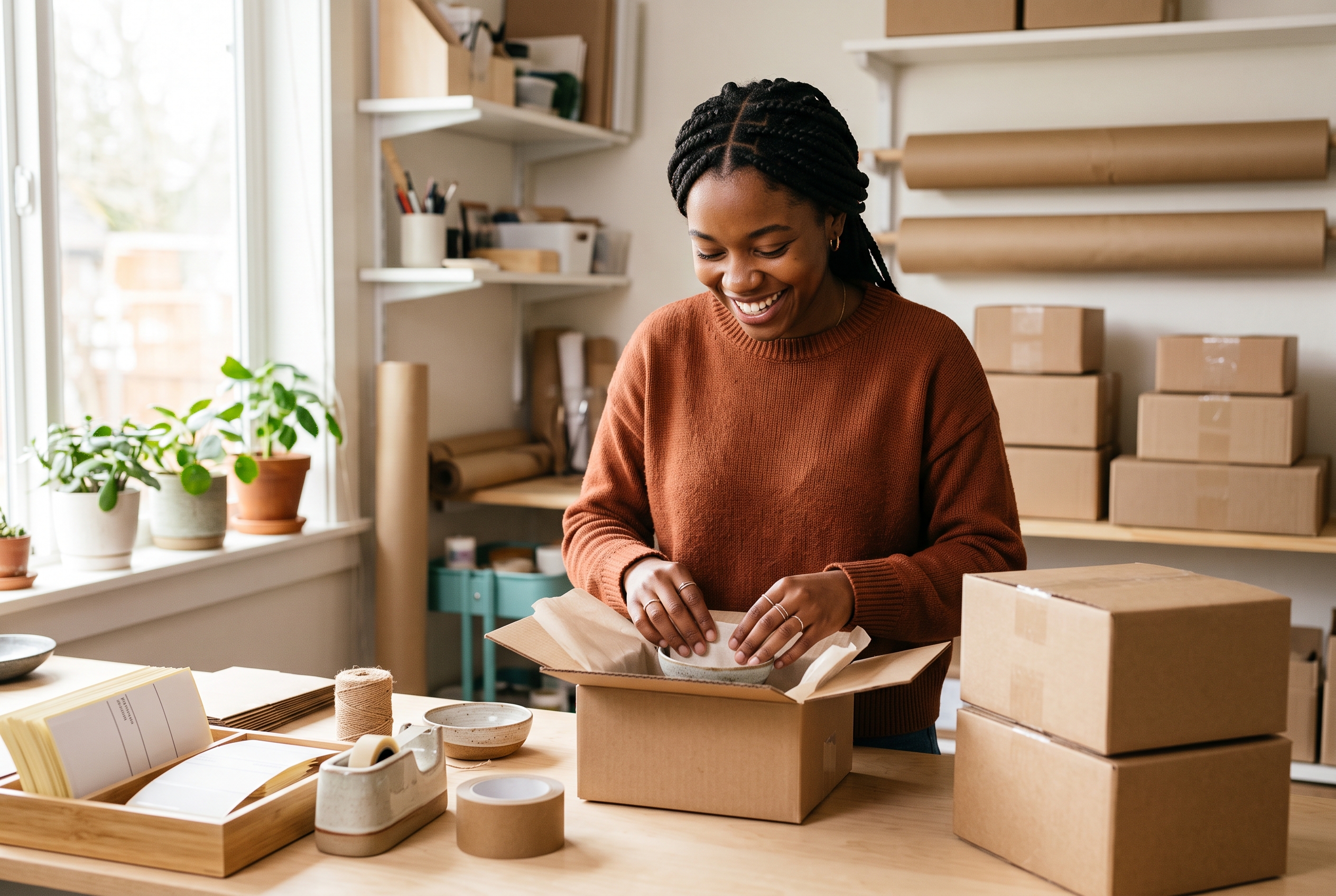 Black woman packing a customer order with a smile in her small business workspace