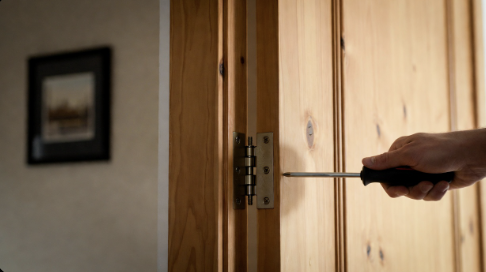 Tightening a loose door hinge with a screwdriver at home