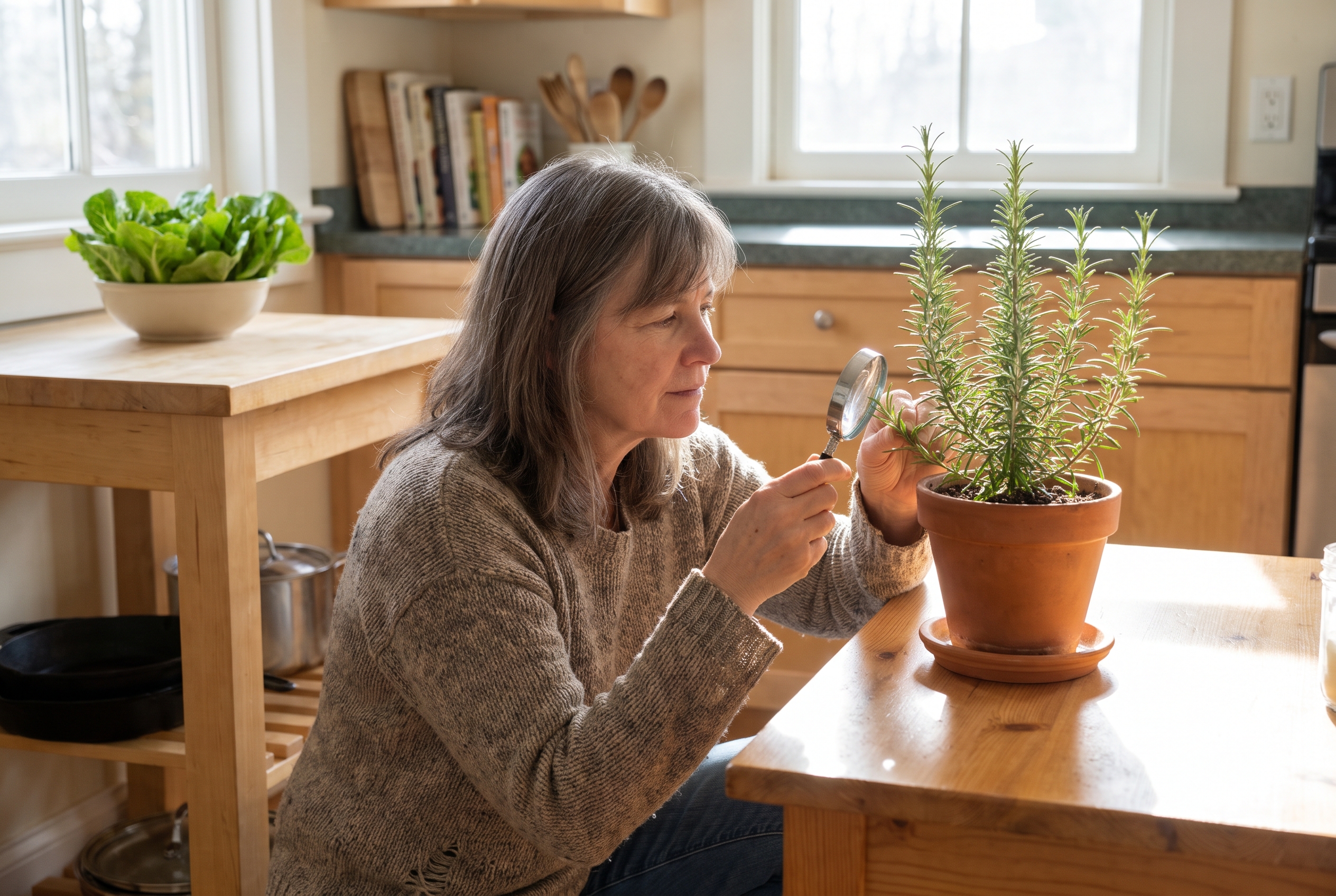 A woman checks the leaves of a healthy rosemary plant with a magnifier.