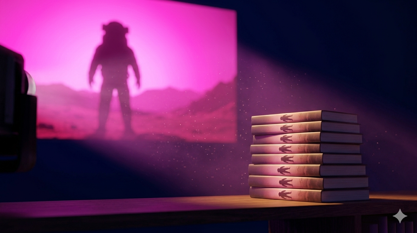 Pilha de livros com astronauta na capa e projeção magenta na parede
