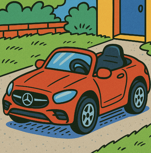A child-sized electric Mercedes car on a driveway, cartoonish with bold lines - Vibrant colors, cartoon style with exaggerated content. An art style mix of Family Circus and The Jetsons.