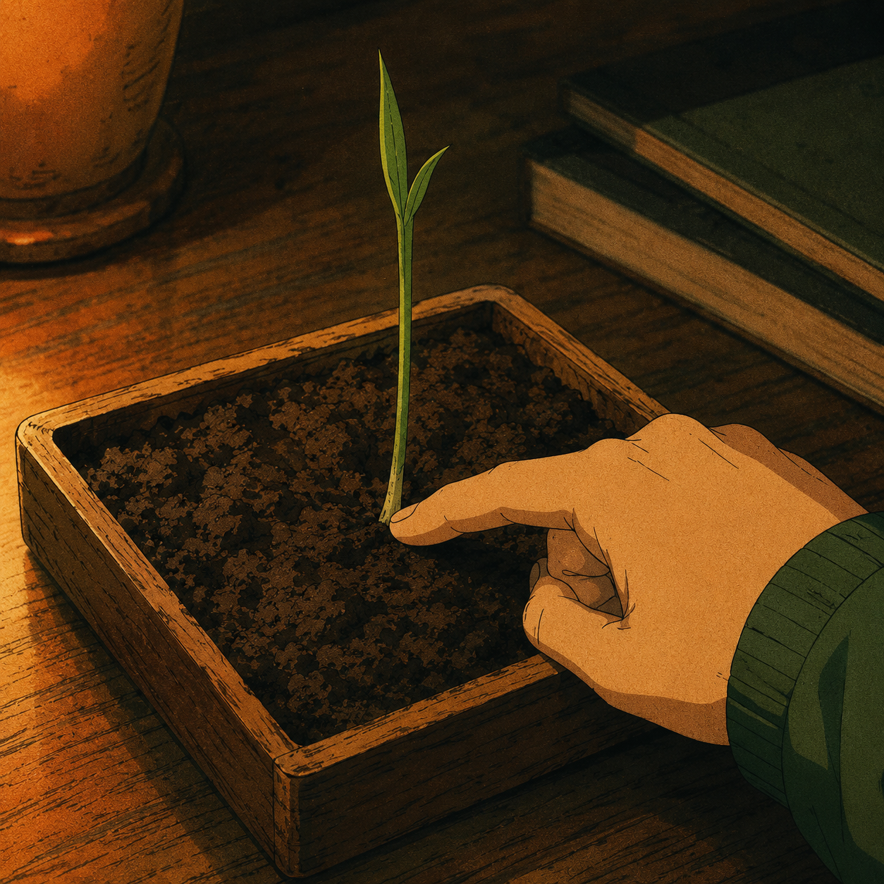 A vintage Showa-era anime close-up still-life on a warm wooden desk: a single slender green shoot rises from a small shallow tray of dark, freshly-turned soil — a miniature field — while a hand enters gently from the lower-right and one fingertip touches the base of the shoot, tracing it down to its root and source. A single warm desk light from the upper left pools kaki-persimmon warmth across the soil and side-lights the green shoot so it glows. The mnemonic for 由 (reason, cause, source) made visible — a shoot from the field traced back to where it comes from.