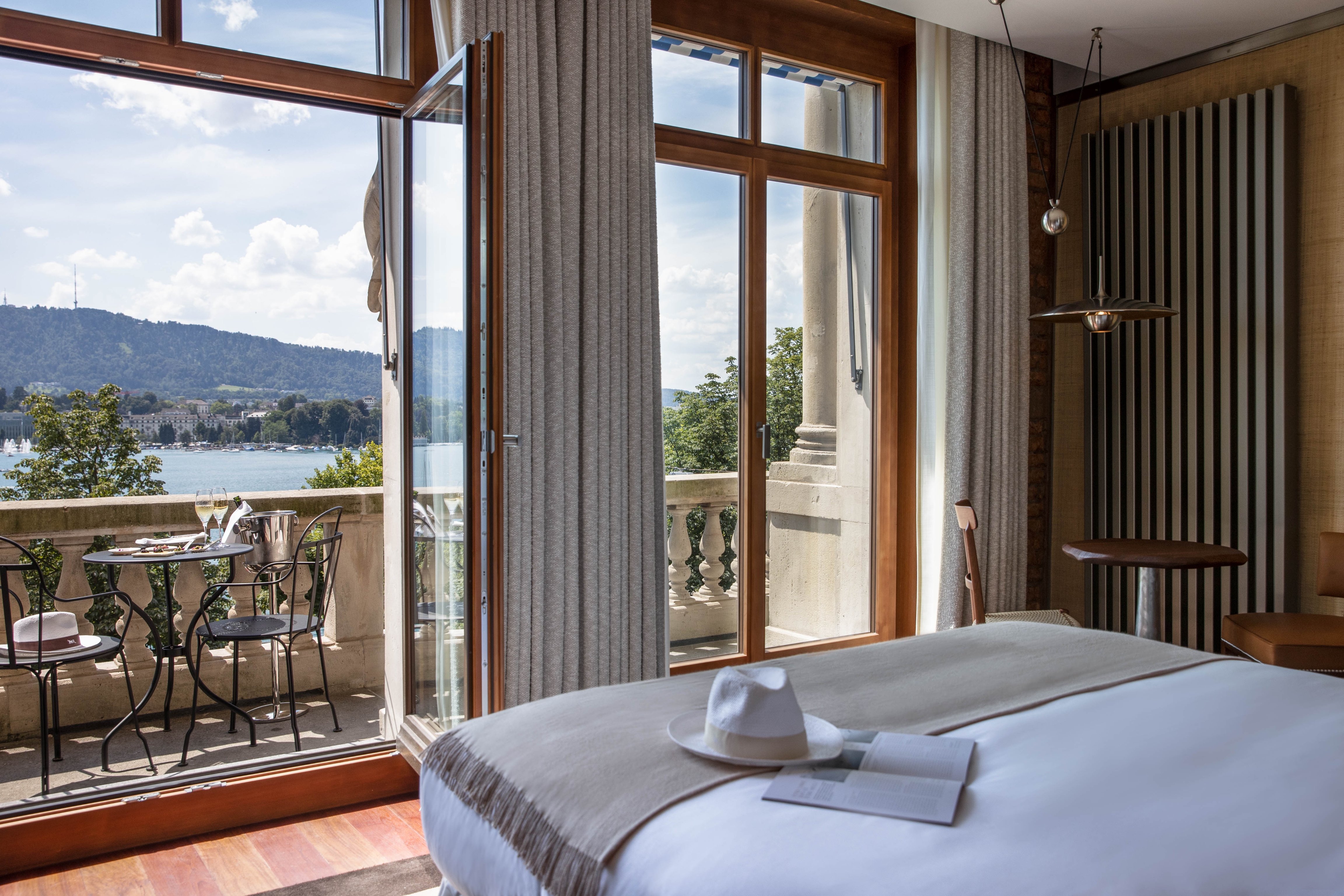 Guest room and balcony overlooking Lake Zurich