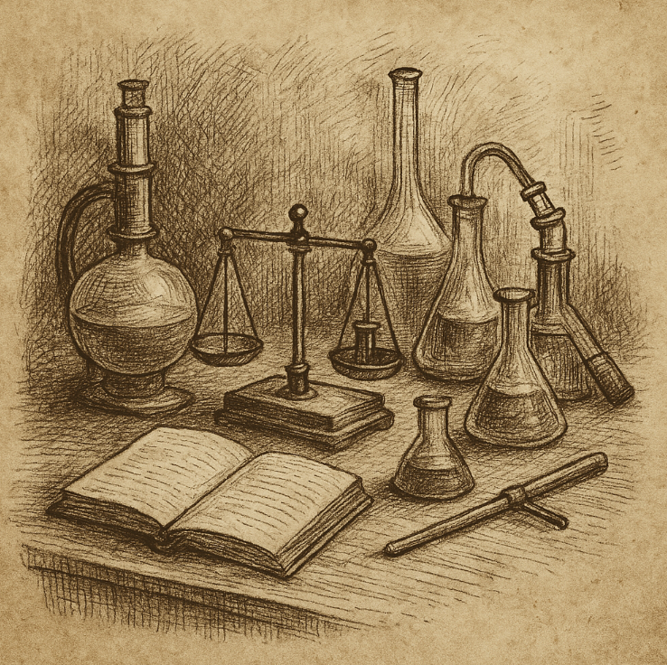 Sepia-toned ink sketch of a 19th-century chemistry lab with glass beakers and scales, cross-hatching and stippling on aged paper