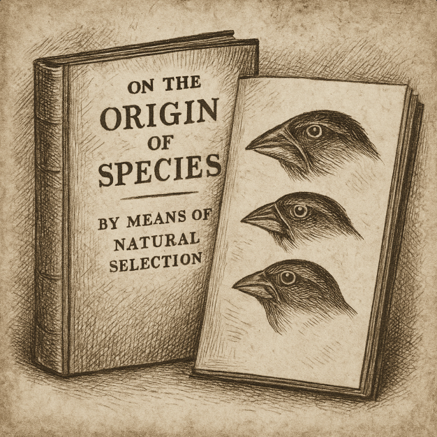 Darwin’s original 1859 book 'On the Origin of Species' with finch sketches