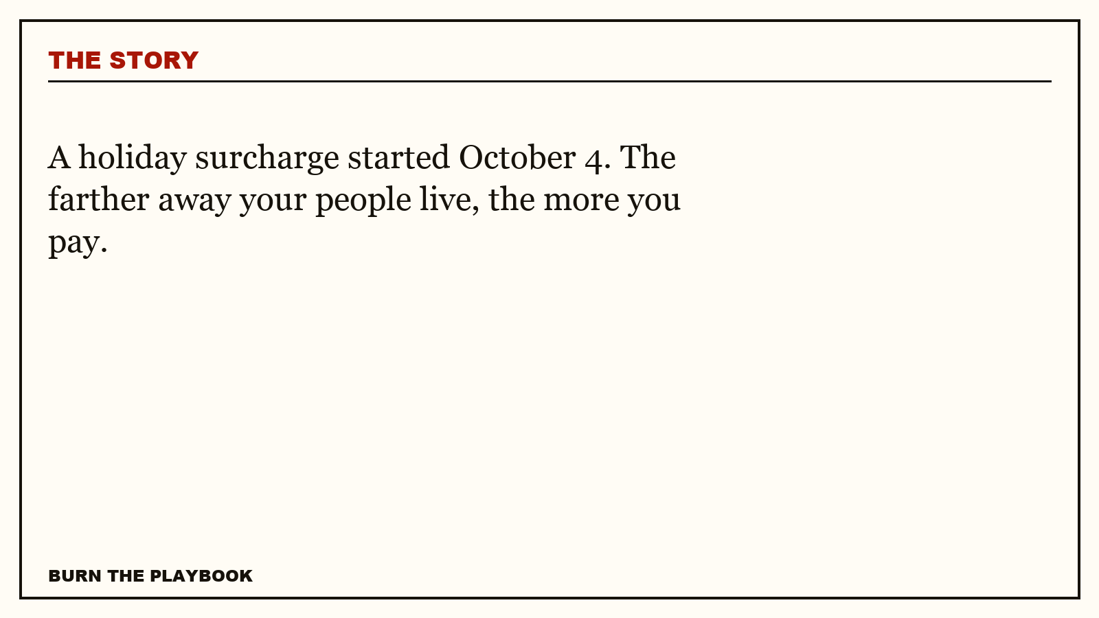 Record plate: A holiday surcharge started October 4. The farther away your people live, the more you pay.