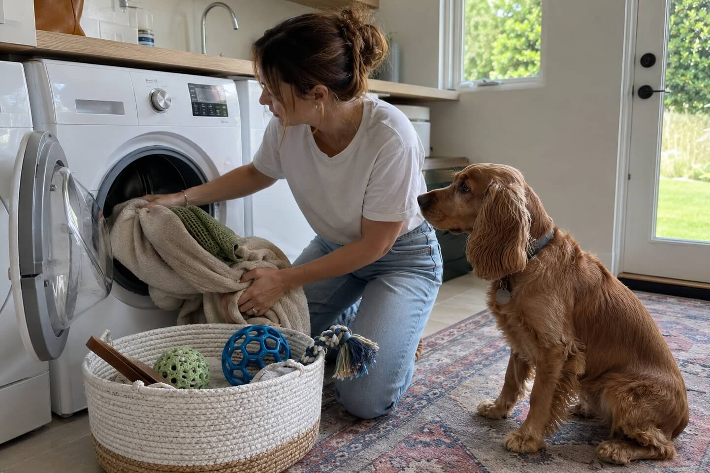 Dog owner washing dog bedding and blankets on laundry day