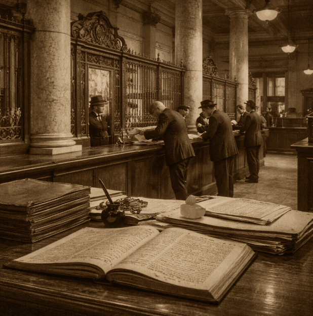 Early 20th-century banking hall interior with ledgers and counters