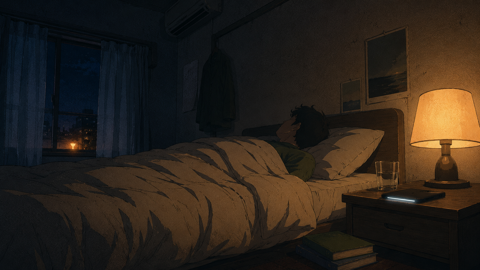 A small Tokyo apartment bedroom at 2 AM, ten days before a Japanese test. A figure lies on their back under a cream duvet, head turned toward the ceiling, no visible face. A warm ochre bedside lamp casts a soft pool of light on the nightstand where a smartphone lies face-down beside a glass of water. A stack of language textbooks sits on the floor. Deep midnight blue shadows fill the rest of the room. A quiet, lonely, warm moment of pre-test wakefulness.