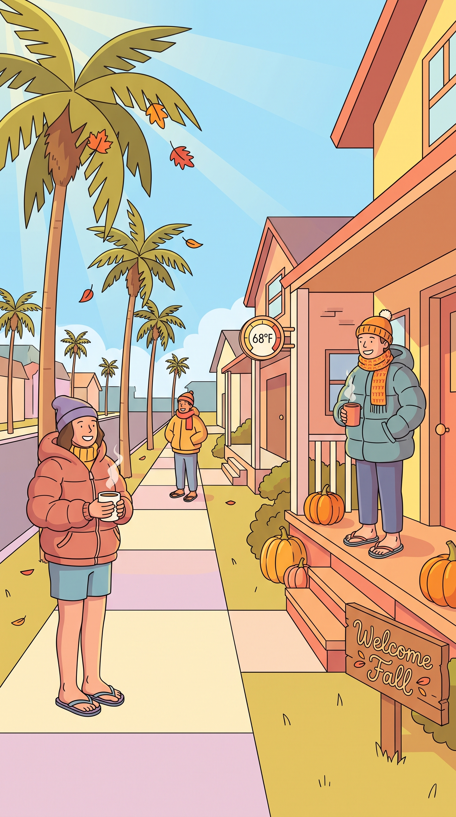 Illustration of Port St. Lucie residents in parkas and flip-flops on a palm-lined street decorated for fall, thermometer reading 68 degrees