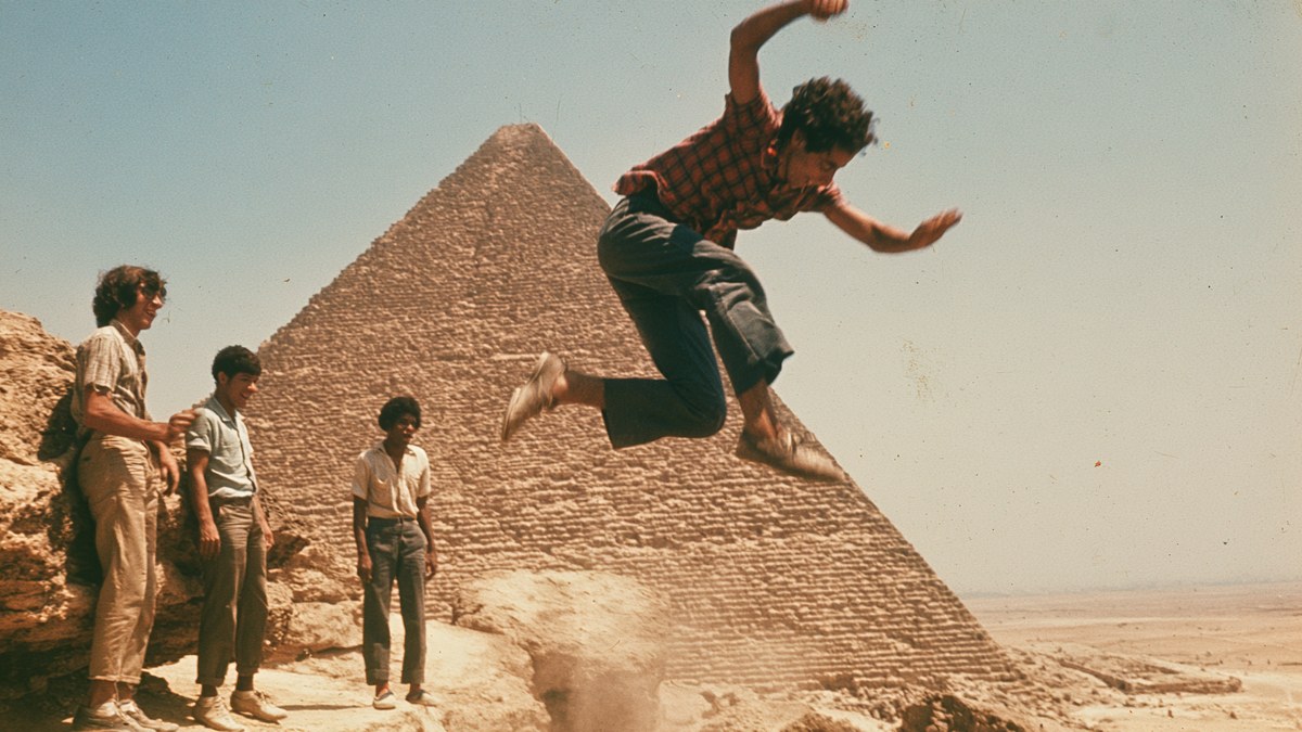 A trampoline placed on top of the Great Pyramid of Giza