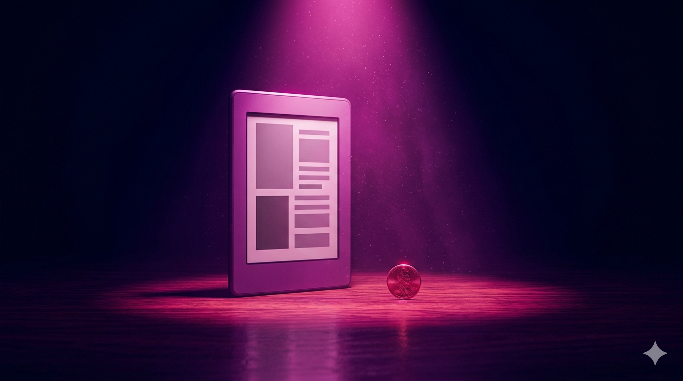 Kindle ao lado de moeda de 1 centavo sob luz magenta