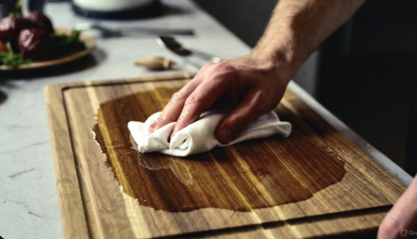 Oiling a wooden cutting board with a cloth