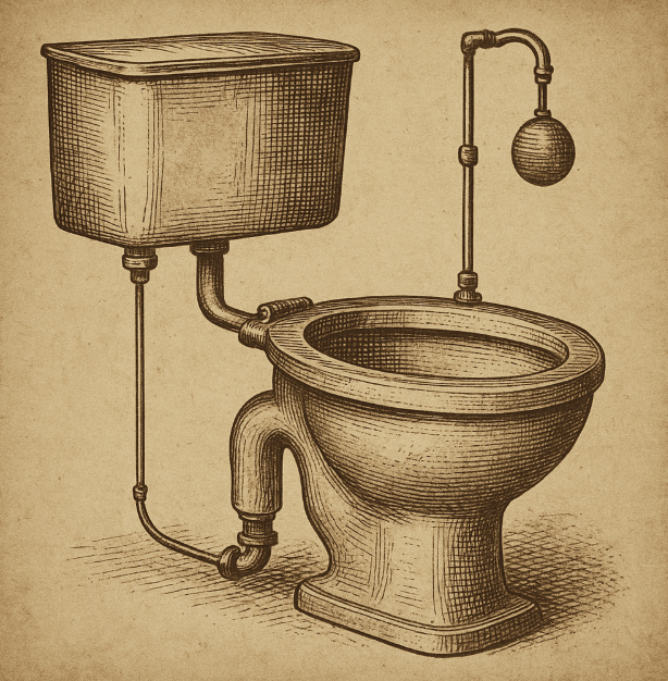 Early sanitary flush toilet mechanism designed by Thomas Crapper