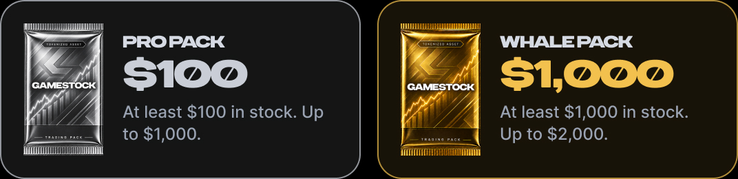 Pro pack $100, at least $100 in stock, up to $1,000. Whale pack $1,000, at least $1,000 in stock, up to $2,000.