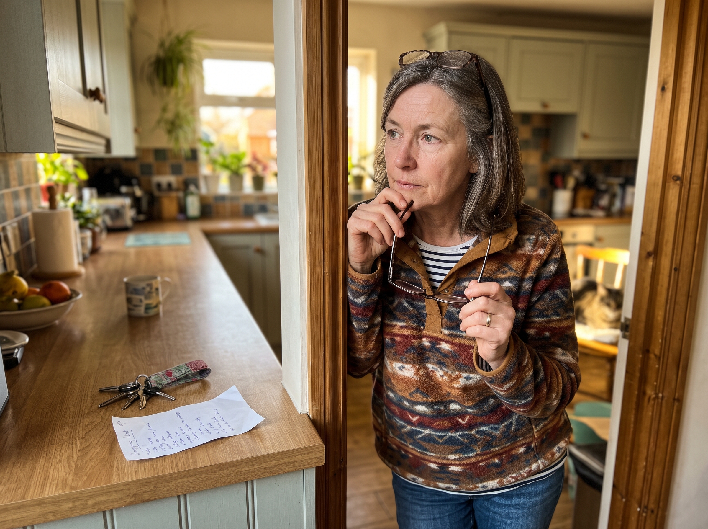 Illustrative scene: Candid smartphone snapshot: woman about 55 pauses at kitchen doorway holding reading glasses, looking toward keys and handwritten shopping list on table, with thoughtful natural expression