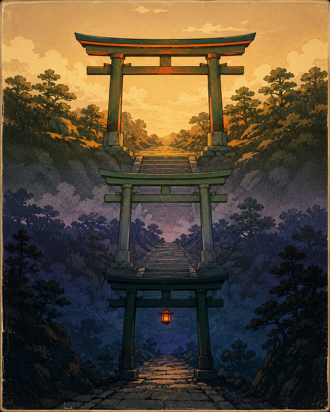 Triage decision tree illustrated as three Japanese gates descending a stone path. The top gate is wide and lit by golden afternoon sun. The middle gate is narrower in cool dusk light. The bottom gate is the narrowest, lit only by a single lantern in deep twilight, with a hint of warm horizon light beyond it. A visual triage card for the six-week JLPT final push.