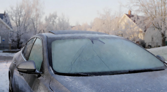Car windshield defrosting on a cold morning
