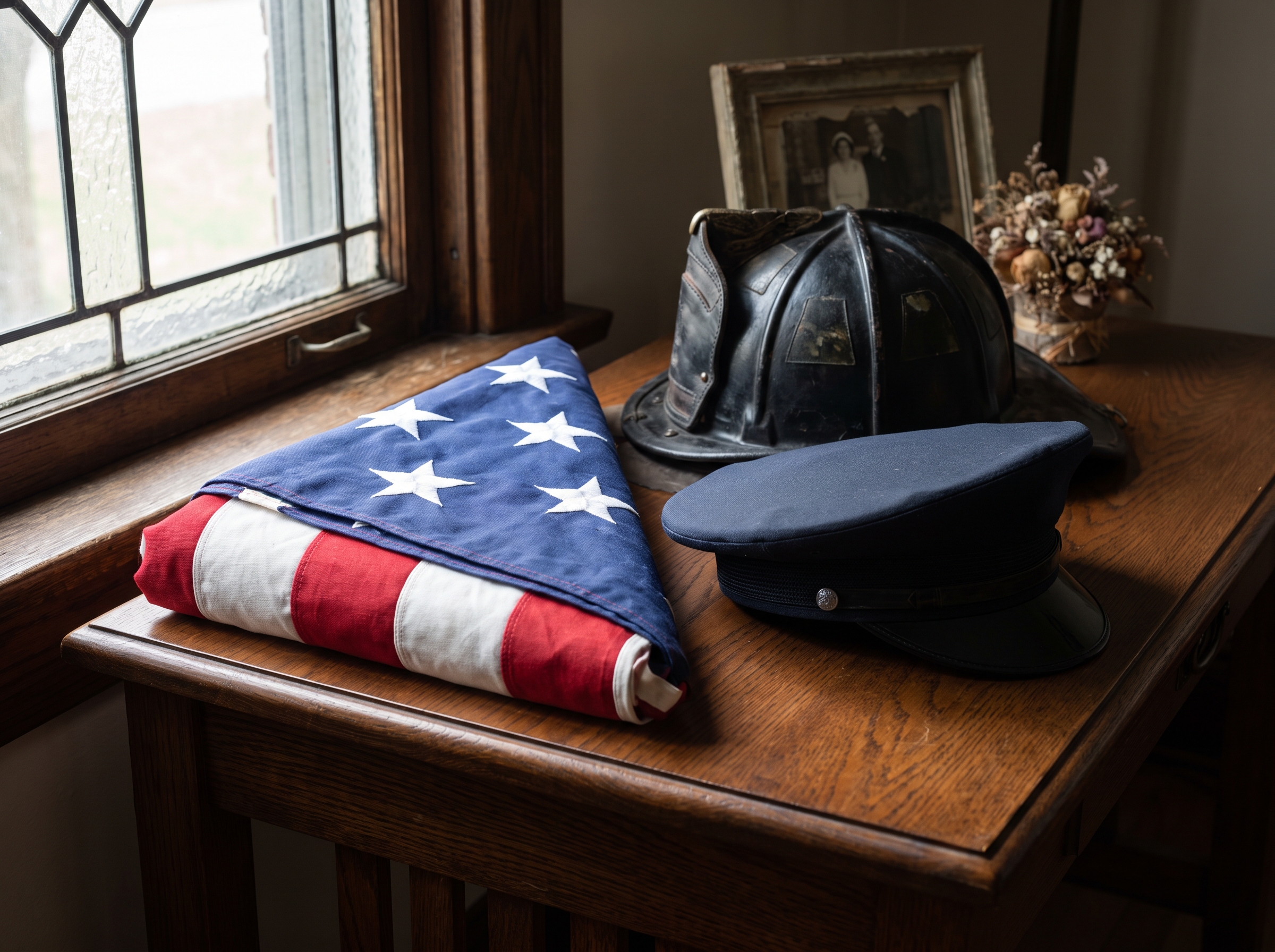 Folded American flag beside a firefighter helmet and police cap