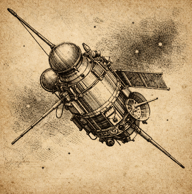 Vintage-style illustration of an early deep-space probe with antenna booms and spherical instrumentation, no people or text