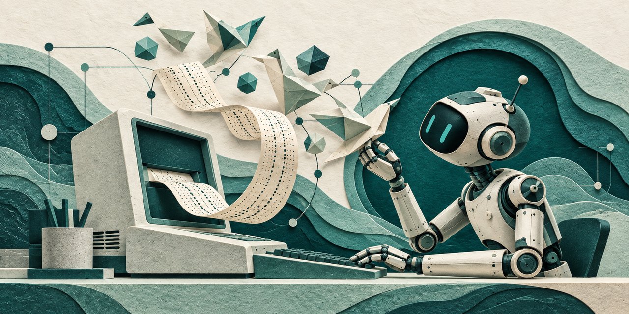 A robot at a desktop computer watches a ribbon of data become paper birds, sculpted in cream, sage and deep-teal paper.