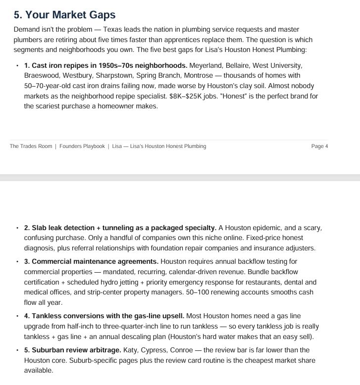 Lisa's Plumbing custom AI market gap analysis — built for a Trades Room dinner member
