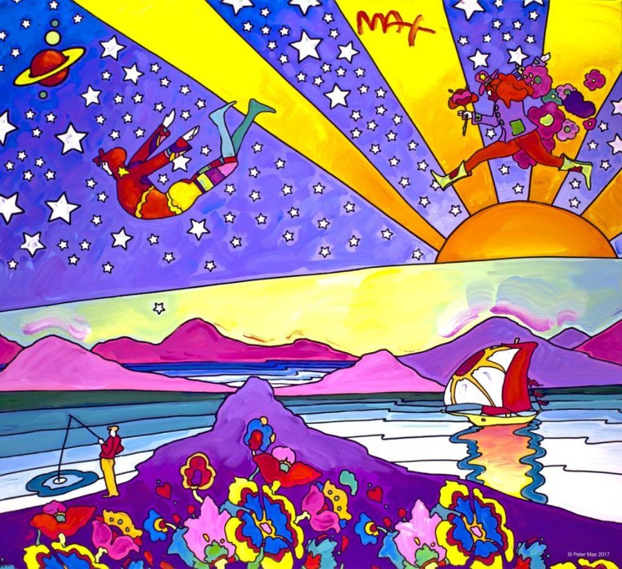 Painting of a falling figure and a running figure among white stars, with a sailboat, a fisherman, purple mountains, a large orange sun and bright flowers, in purple, yellow and pink