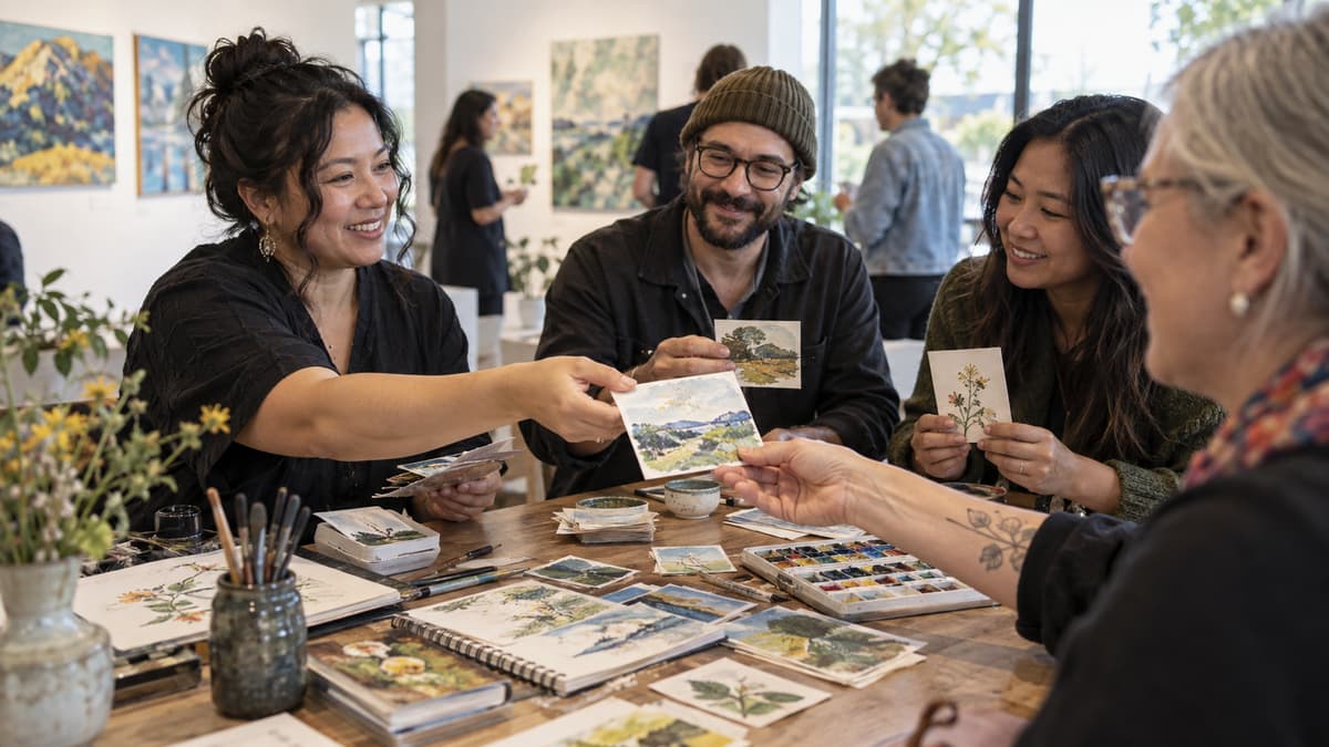 Illustration of adults exchanging miniature artist trading cards at a Richmond BC gallery meetup