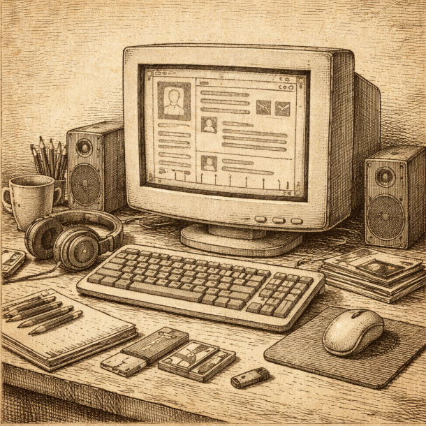 Early 2000s-style computer desk with a minimalist social-network interface concept, no text or people