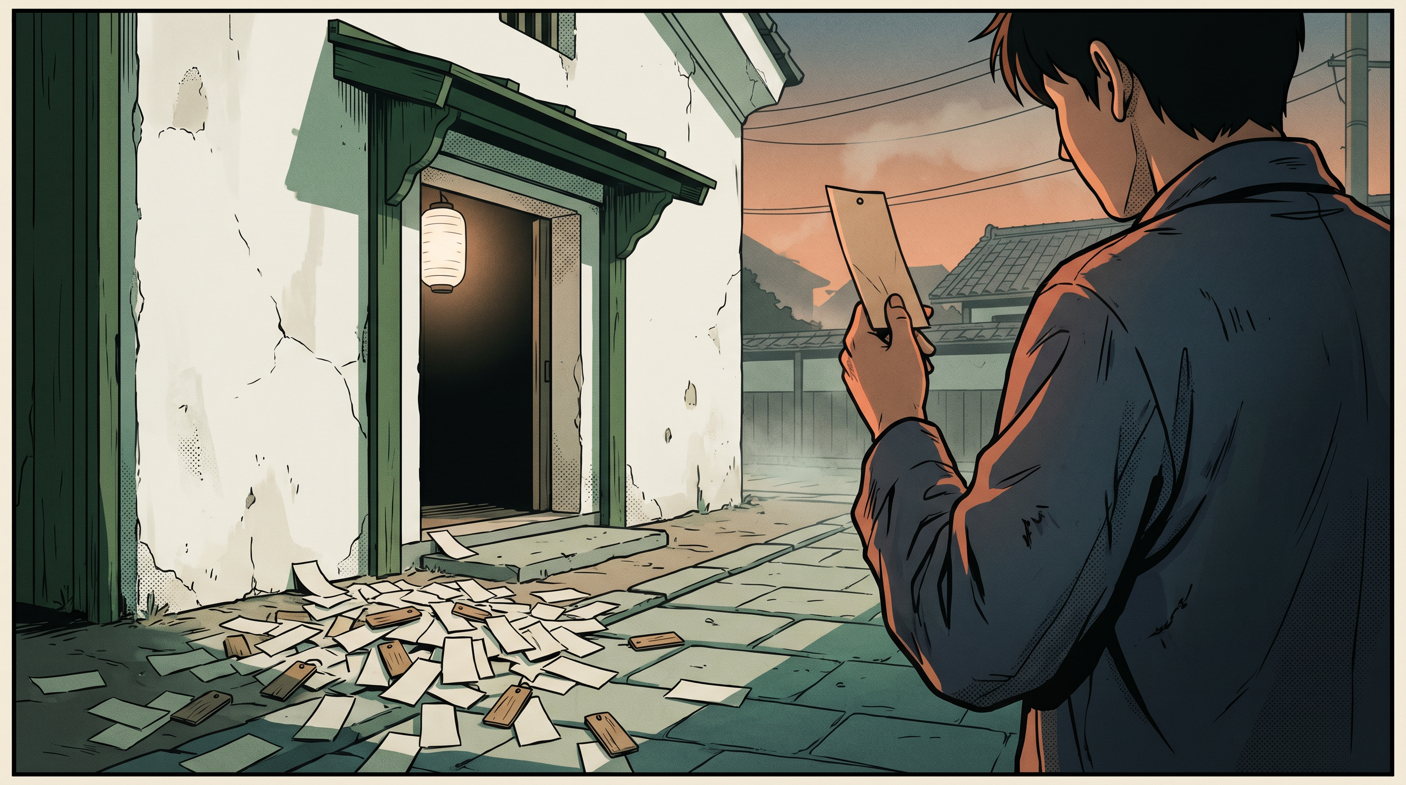 A figure at twilight outside a Japanese kura storehouse holds up a single paper slip to the last light, with a heap of discarded slips spilling behind them — the moment of selection itself.