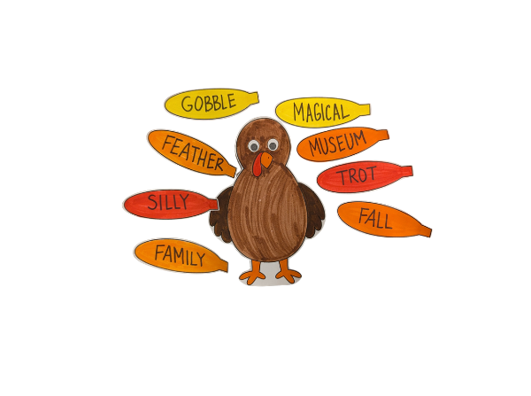 A paper turkey with colorful word feathers, from the Turkey Talk event page