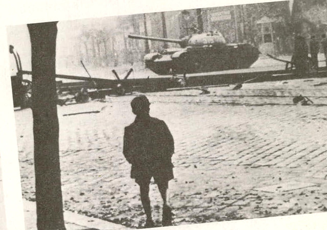 A Soviet tank at a street barricade in Budapest in October 1956