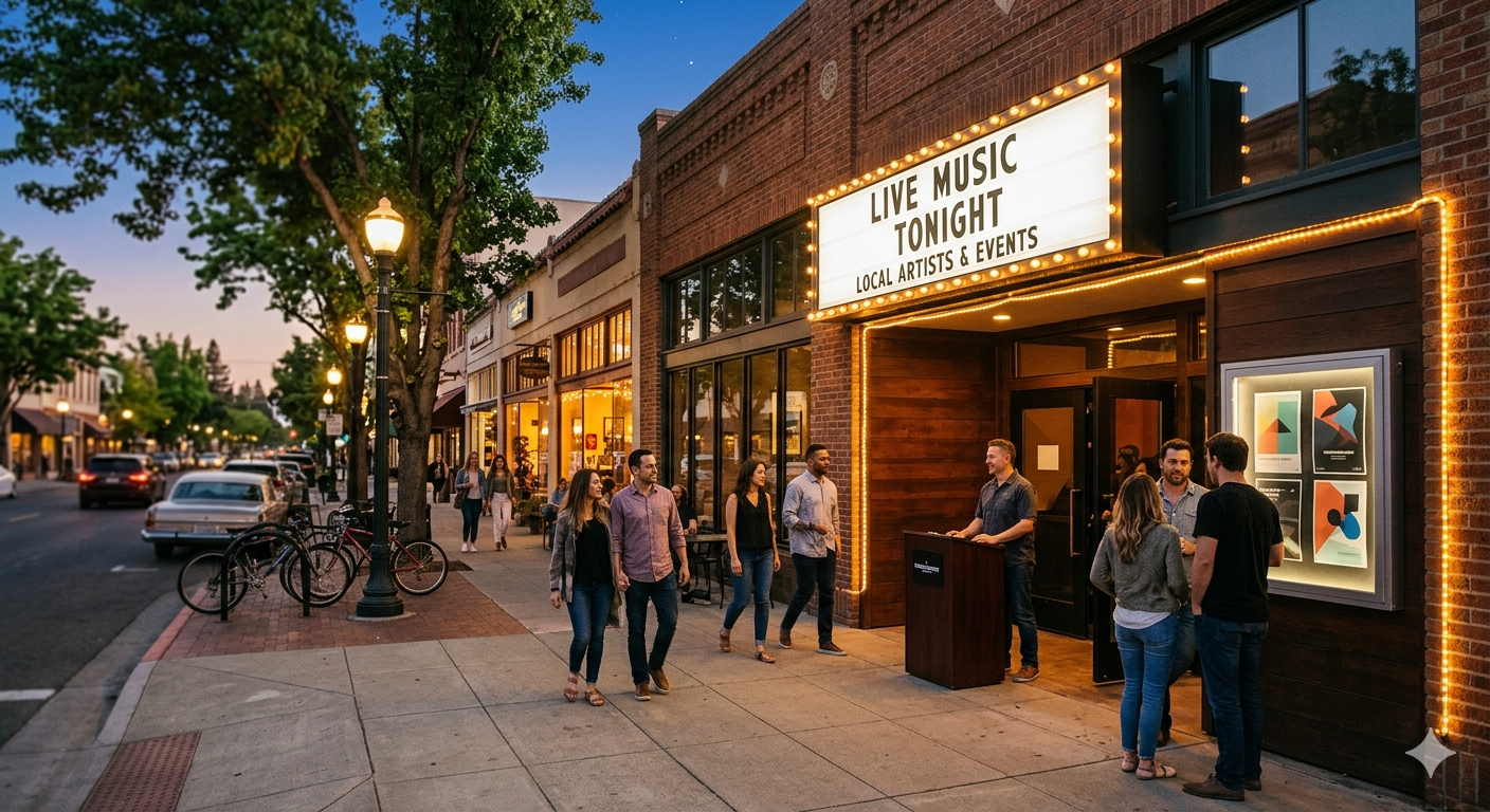 People arriving at a downtown Roseville-style live music venue at dusk.