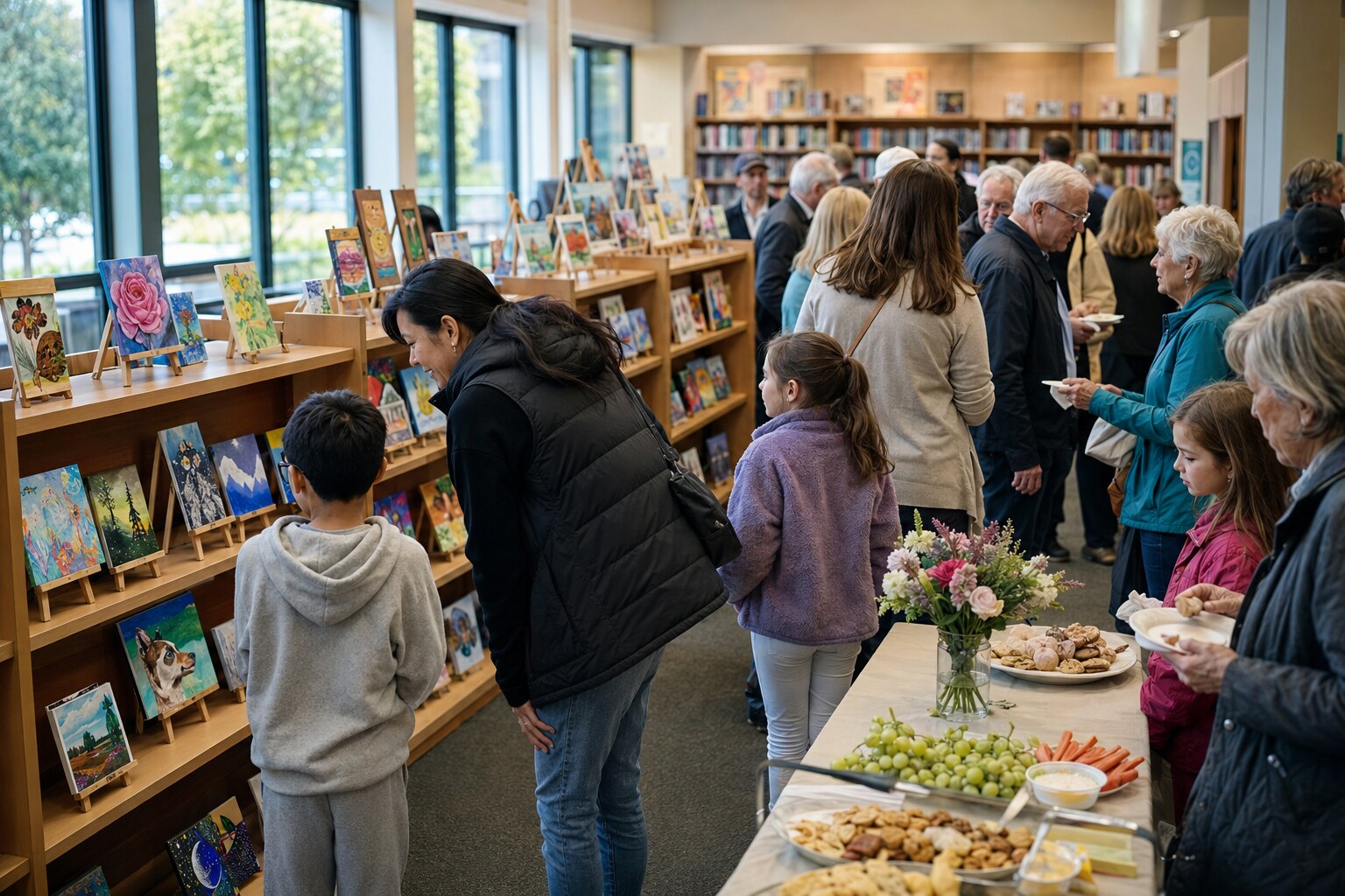 Children and adults viewing rows of miniature paintings at an all-ages library art show