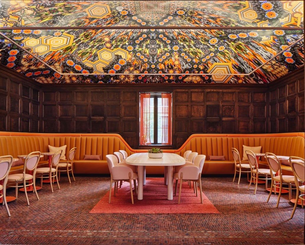 Colorful ceiling and dining room at 21c Museum Hotel St. Louis