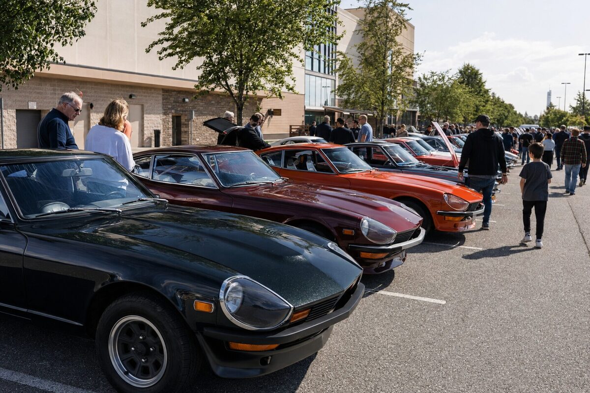 Rows of restored classic Japanese sports cars at a sunny outdoor community car gathering