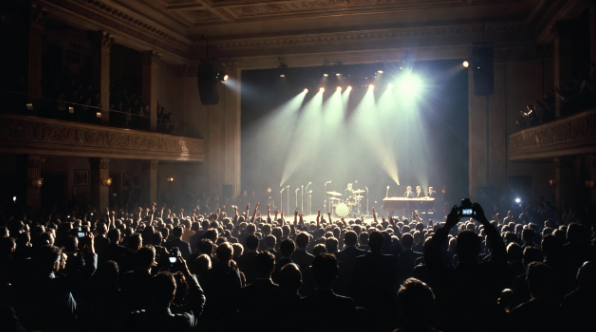 A black-and-white style scene of a packed Carnegie Hall crowd and a band on stage