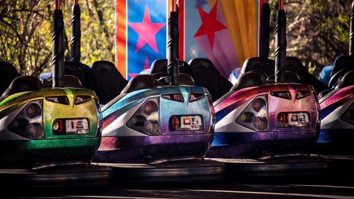 Row of glittery bumper cars