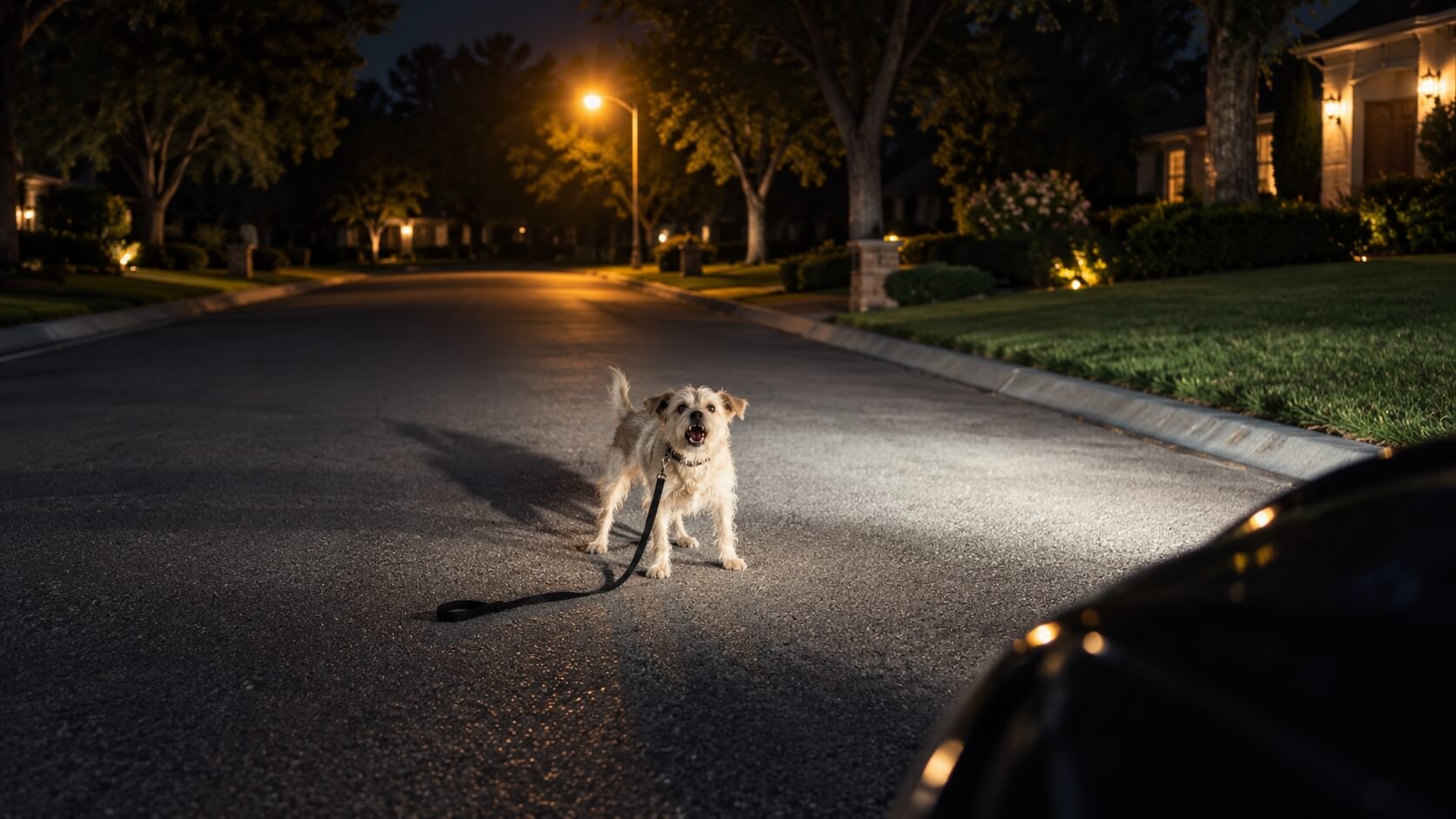 Small dog standing in a road at night with its leash attached