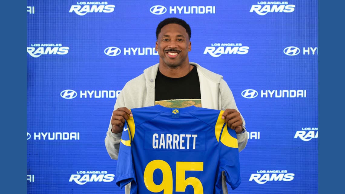 Myles Garrett in Los Angeles Rams uniform after trade from Cleveland Browns 2026