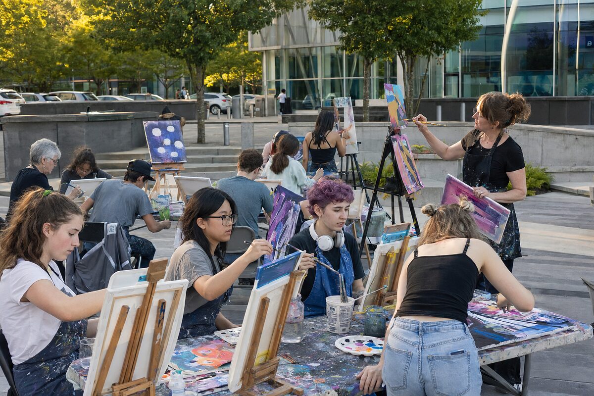 Teens and adults painting colourful abstract canvases during an outdoor plaza art class