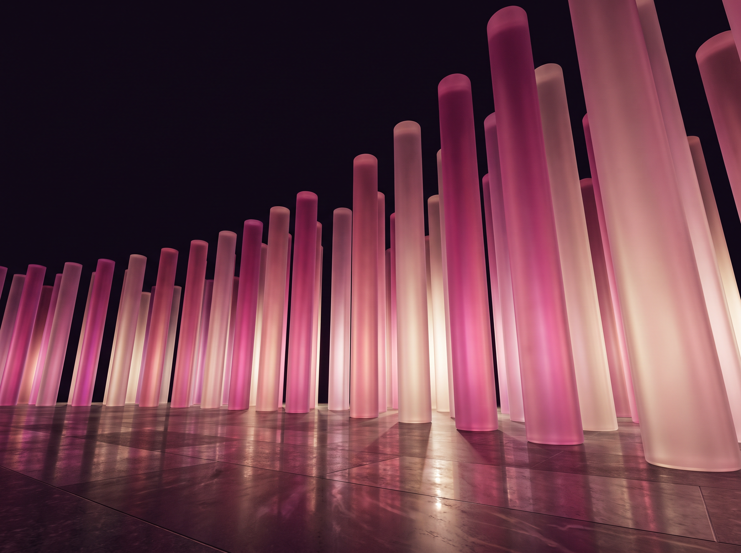 Frosted pink glass columns rising like a bar chart
