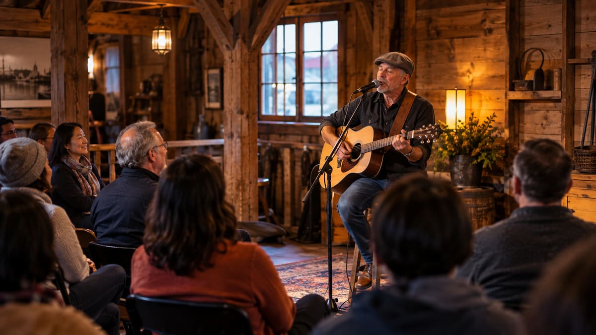 Illustration of an intimate acoustic folk concert in a historic Steveston timber bunkhouse, Richmond BC