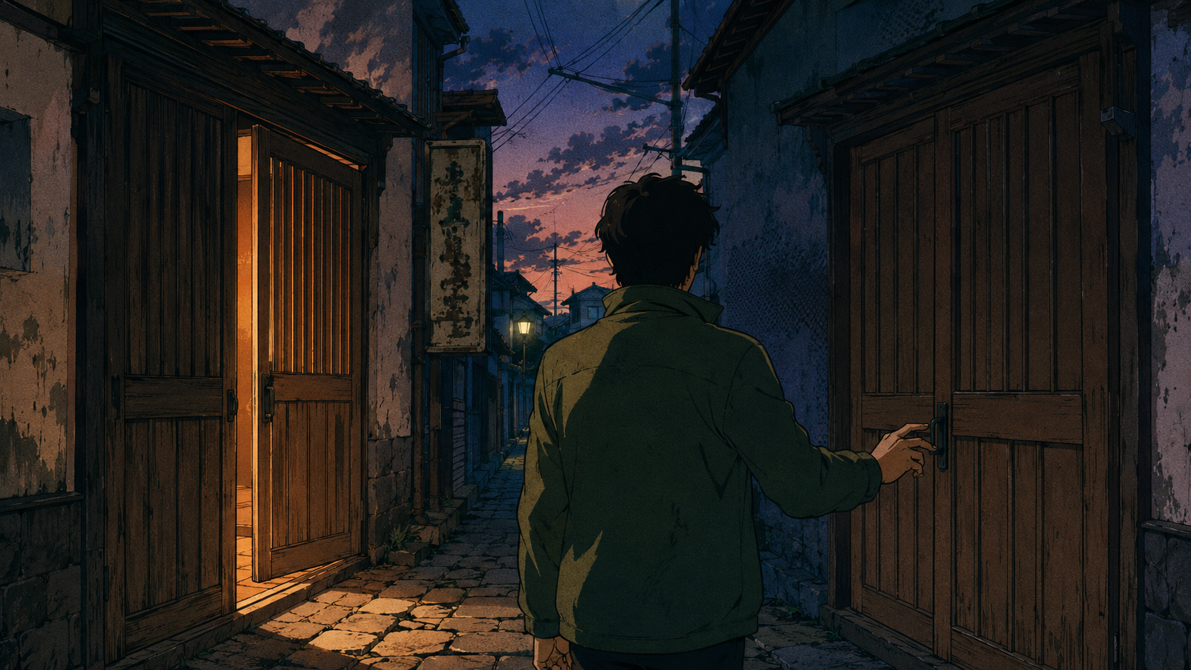A figure in a matcha-green jacket pauses in the middle of a narrow Showa-era Tokyo alley at dusk, framed between two wooden doors. The left door drifts open on its own, spilling warm coffee-brown light onto the cobblestones. The right door is closed; the figure reaches toward its iron handle. Telephone wires cross a deep twilight sky. Vintage Japanese anime illustration style with film grain and cel-shading.