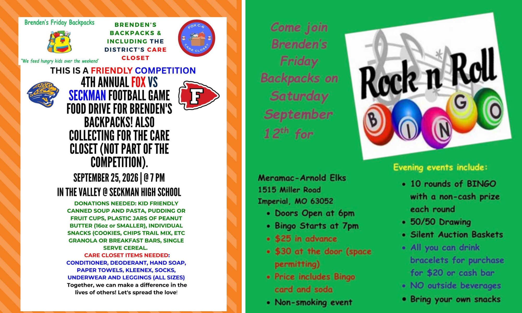 Brenden’s Friday Backpacks September events