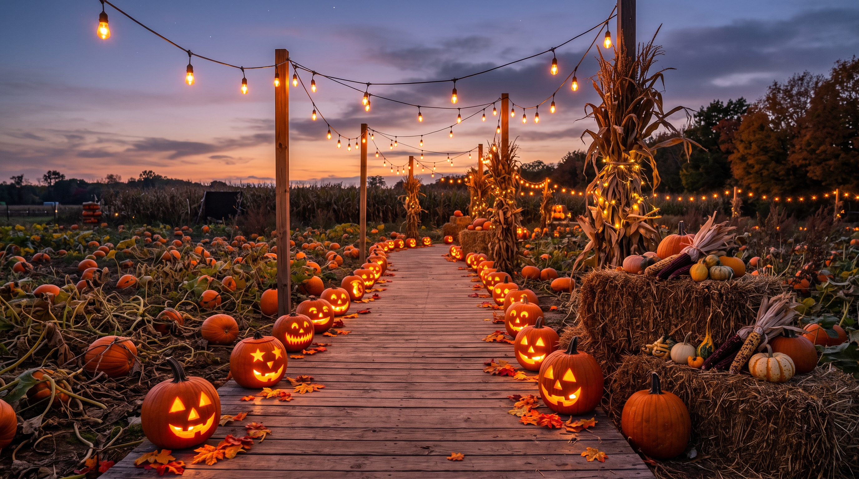 Glowing jack-o'-lanterns along a path in a pumpkin patch at dusk